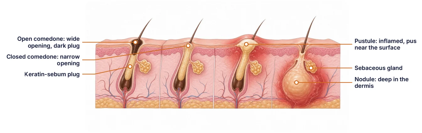 Skin cross-section showing an open comedone, a closed comedone, a pustule and a nodule