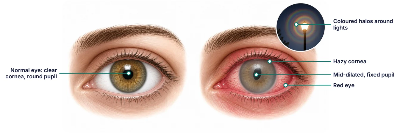 A normal eye beside a red eye with a hazy cornea and a fixed, mid-dilated pupil
